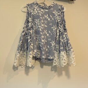 Used Alexis
Arm holes in shoulders
Ruffle neckline and ruffles in the shoulder